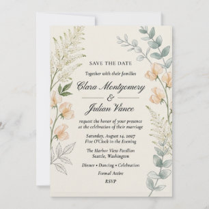 Invitation Pois de senteur pêche, Astilbe et Eucalyptus