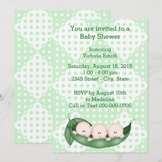 Invitation Pois de triplets de baby shower dans une cosse (Devant / Derrière)