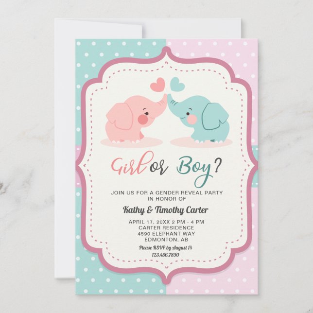 Invitation pois d'éléphants mignons sexe révéler la fête (Devant)
