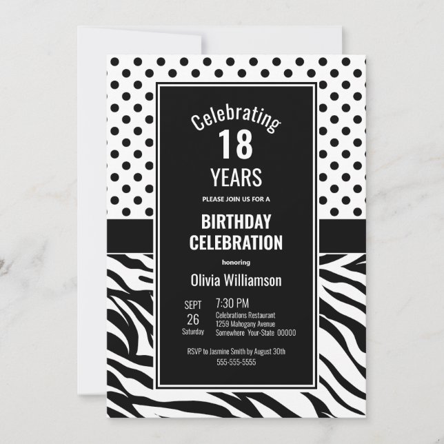 Invitation Pois et Zebra Stripes 18e anniversaire (Devant)