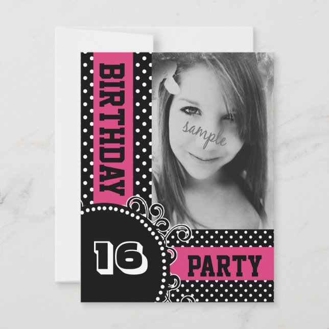 Invitation Pois moderne, fête de la fille rose avec photo (Devant)