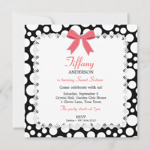 Invitation Pois noirs et blancs avec dentelle douce 16 Annive