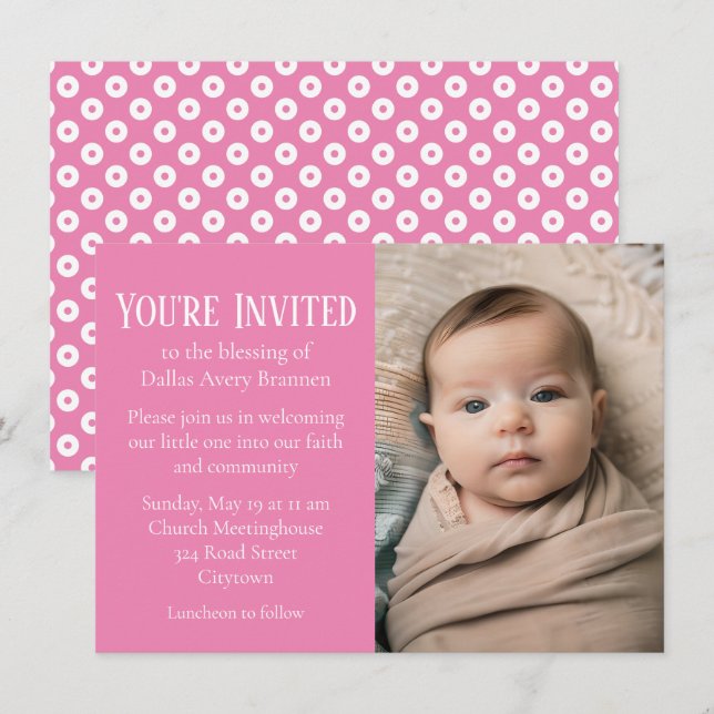 Invitation Pois rose et blanc - photo Bénédiction bébé (Devant / Derrière)