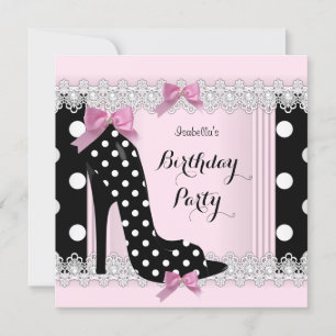 Invitation Pois rose noir haut talon fête d'anniversaire