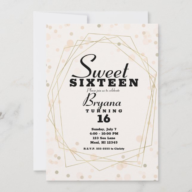 Invitation Pois rose Taupe & Or Géométrique Moderne Sweet 16 (Devant)