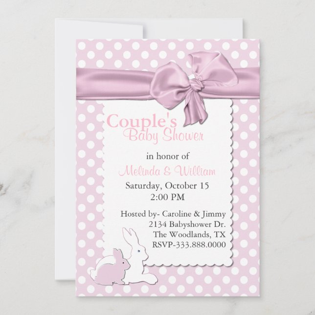 Invitation Pois roses et blancs avec Baby shower lapin (Devant)