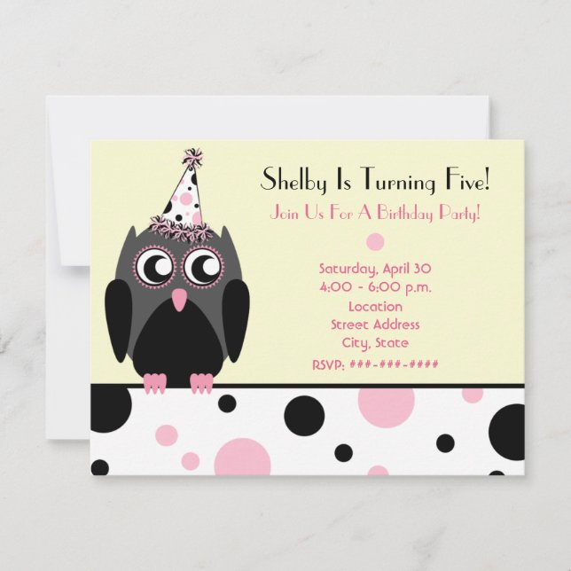 Invitation Pois roses et noires de la fête d'anniversaire de  (Devant)
