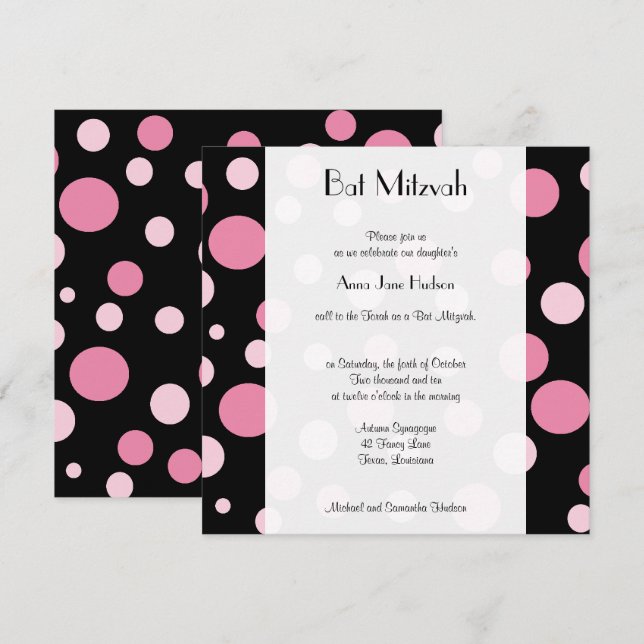 Invitation Pois roses, Motif Polka Dot, Bat mitzvah (Devant / Derrière)