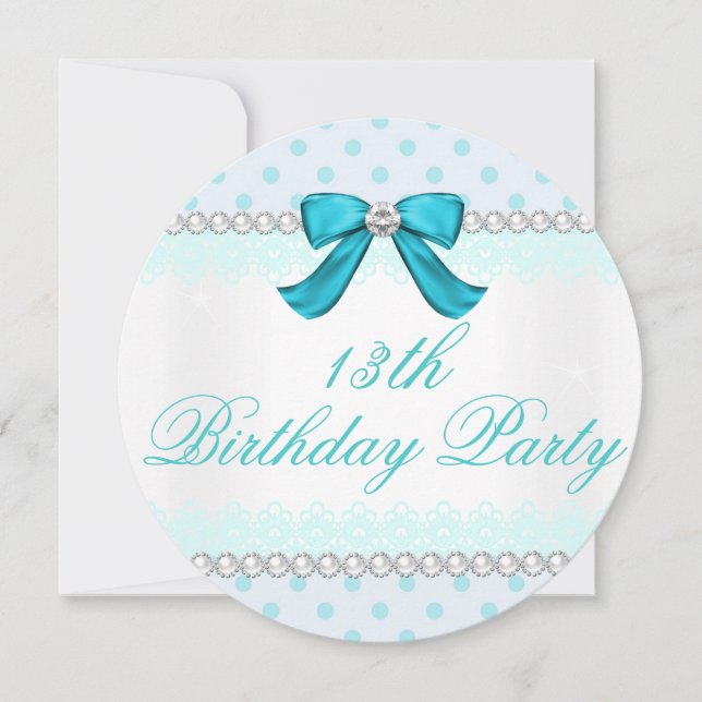 Invitation Pois turquoise, Filles 13e anniversaire (Devant)