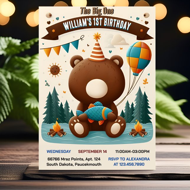 Invitation Poisson Brown Garçon mignon bébé ours 1er annivers (Créateur téléchargé)
