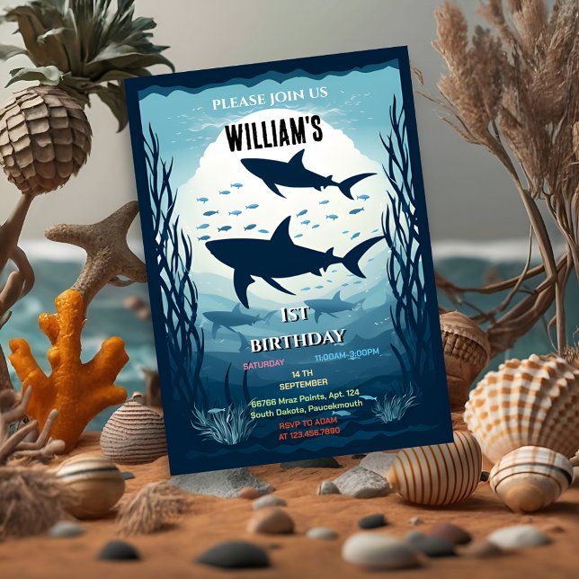 Invitation Poisson cool baleine bleu marine requin 1er annive (Créateur téléchargé)