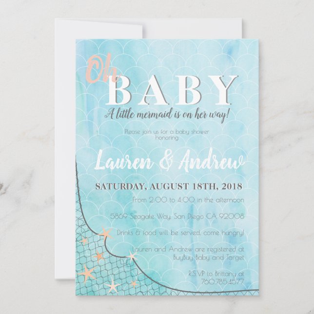 Invitation Poisson d'aquarelle bleu petit Baby shower sirène (Devant)