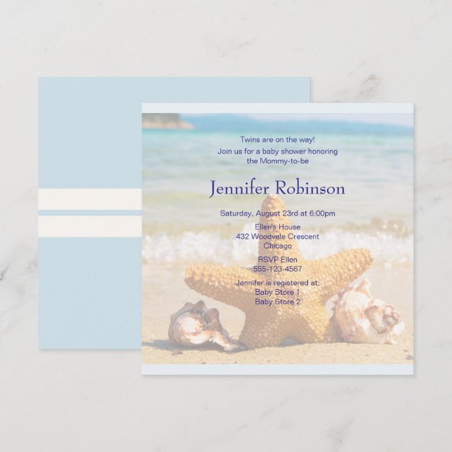 Invitation Poisson étoilé et coquillages sur le Baby shower d (Devant / Derrière)