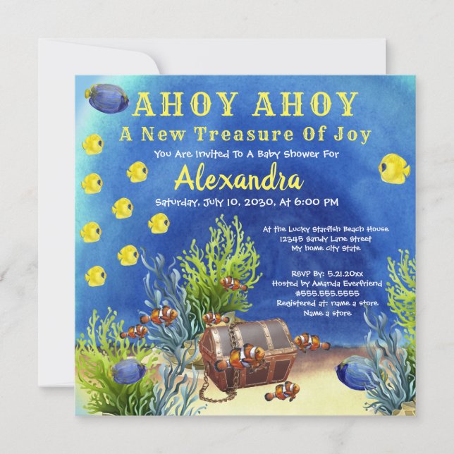 Invitation Poisson sous la mer, Baby shower trésor (Devant)