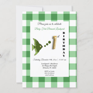 Invitation Poisson Vert & Gingham Ballon Doré 1er Anniversair