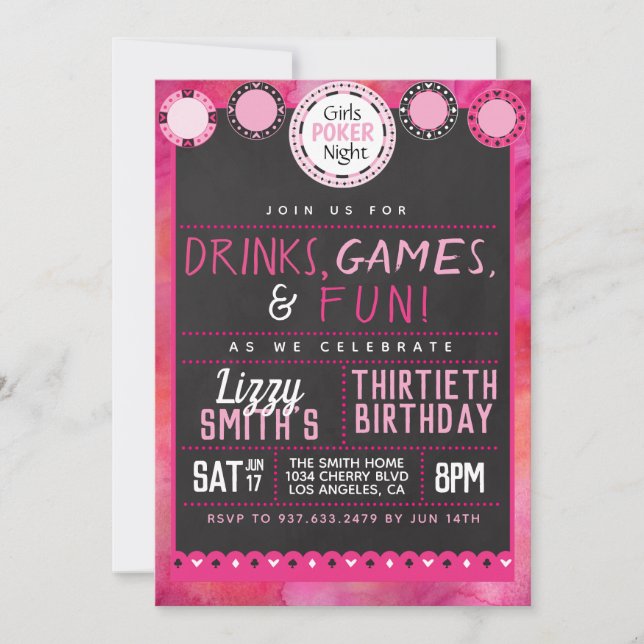 Invitation Poker de nuit pour filles Anniversaire (Devant)