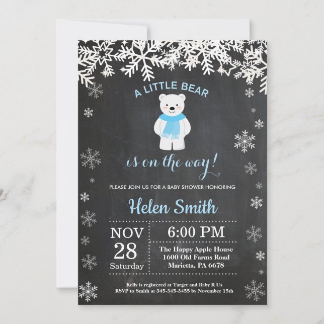 Invitation Polar Bear Winter Boy Baby shower Chalkboard (Devant)