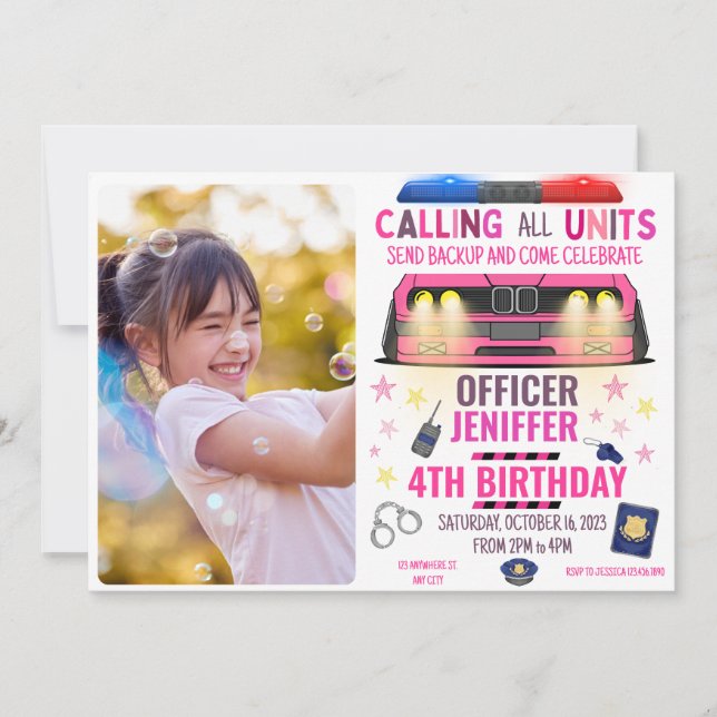 Invitation Police de Girl Pink Anniversaire (Devant)