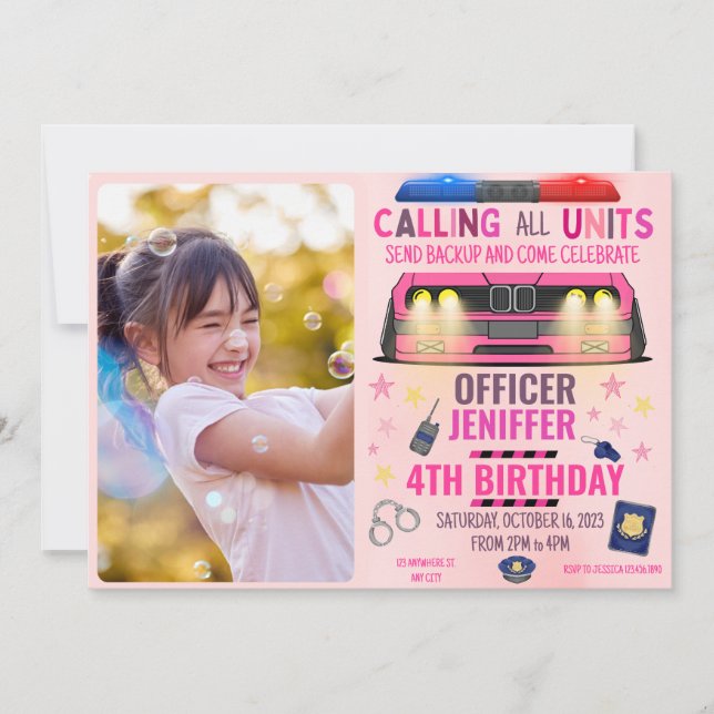 Invitation Police de Girl Pink Anniversaire (Devant)