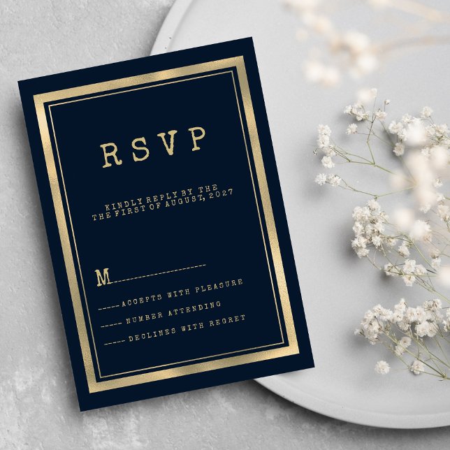 Invitation Police de la machine à écrire en or bleu marine RS (Navy blue gold typewriter font rustic RSVP)