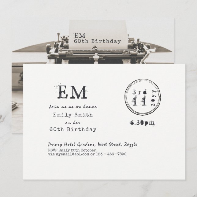 Invitation Police de machine à écrire 60e Anniversaire Invita (Devant / Derrière)