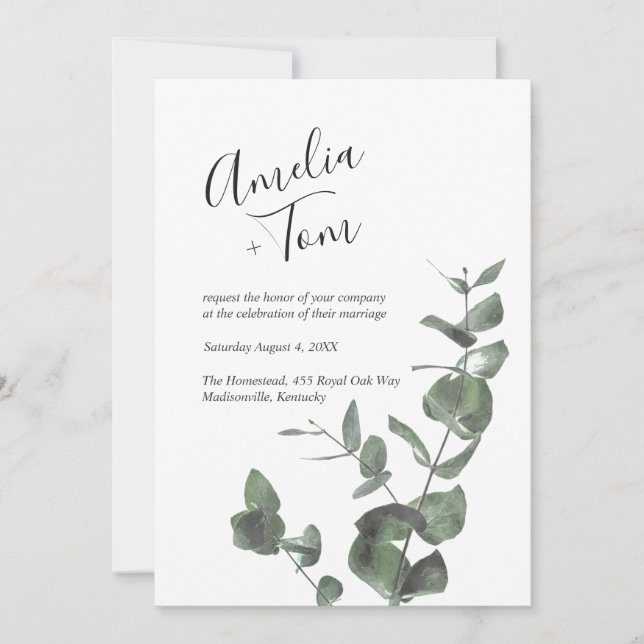 Invitation Police de script Aquarelle Mariage de branche de v (Devant)