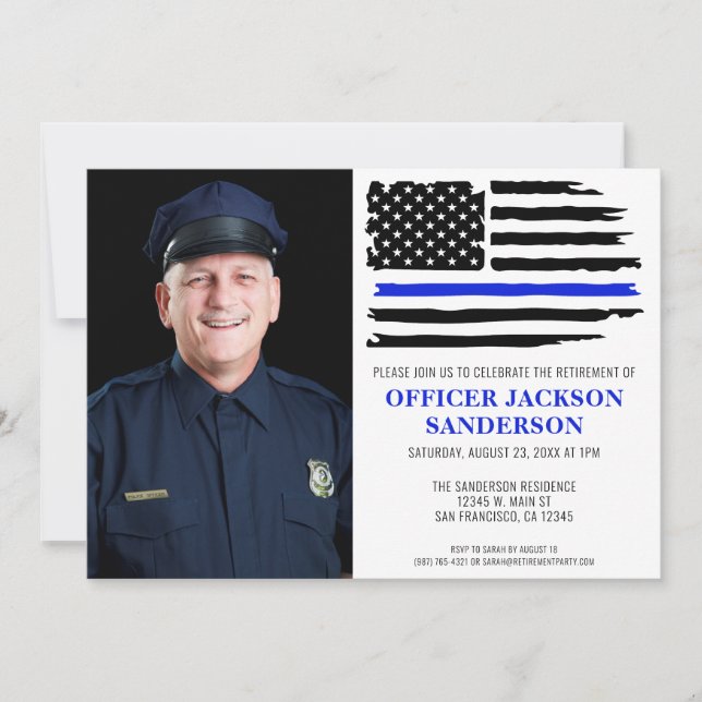 Invitation Police Ligne Bleue Mince Drapeau Photo Retrait (Devant)