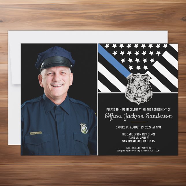 Invitation Police Ligne Bleue Mince Drapeau Photo Retrait (The perfect customizable photo retirement party invitation for a retiring police officer.)