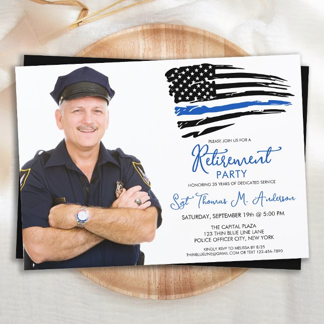 Invitation Police Ligne Bleue Mince Personnaliser Photo Retra (Créateur téléchargé)