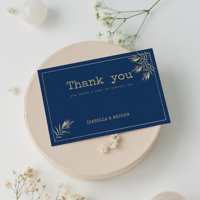 Invitation Police Merci de police de caractères de la feuille (Navy blue gold leaf typewriter font Thank You)
