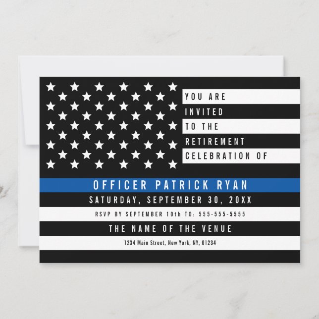Invitation Police Mince Ligne Bleue Américaine Drapeau Retrai (Devant)