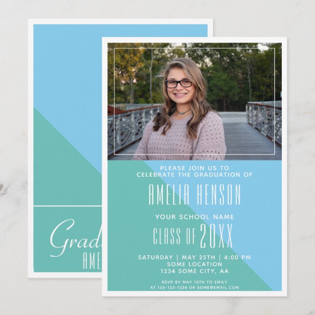 Invitation Police moderne Turquoise Blue Graduation Photo (Devant / Derrière)
