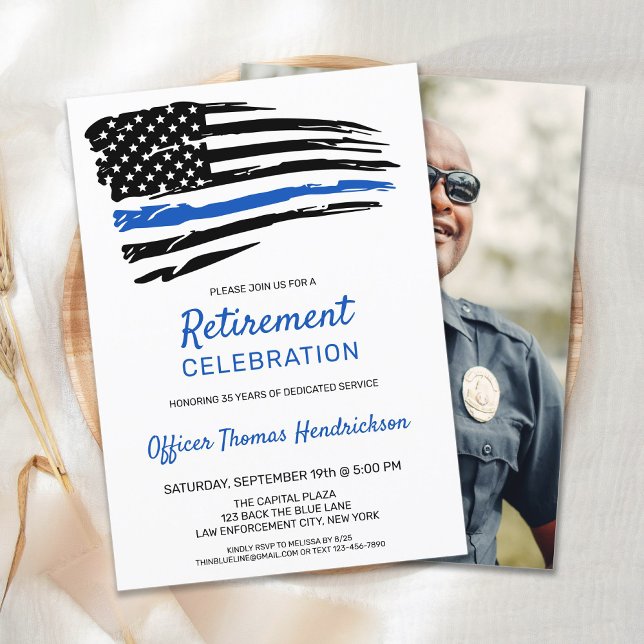 Invitation Police Officier Photo Mince Ligne Bleue Retraite (Créateur téléchargé)