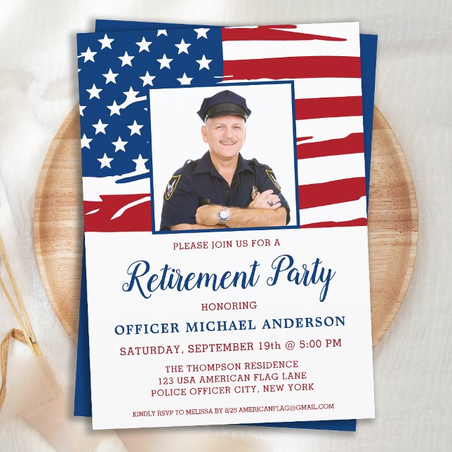 Invitation Police Retirement Party Photo USA American Flag (Créateur téléchargé)