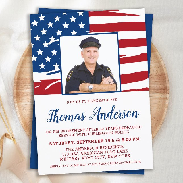 Invitation Police Retirez Party Photo personnalisée USA Drape (Créateur téléchargé)