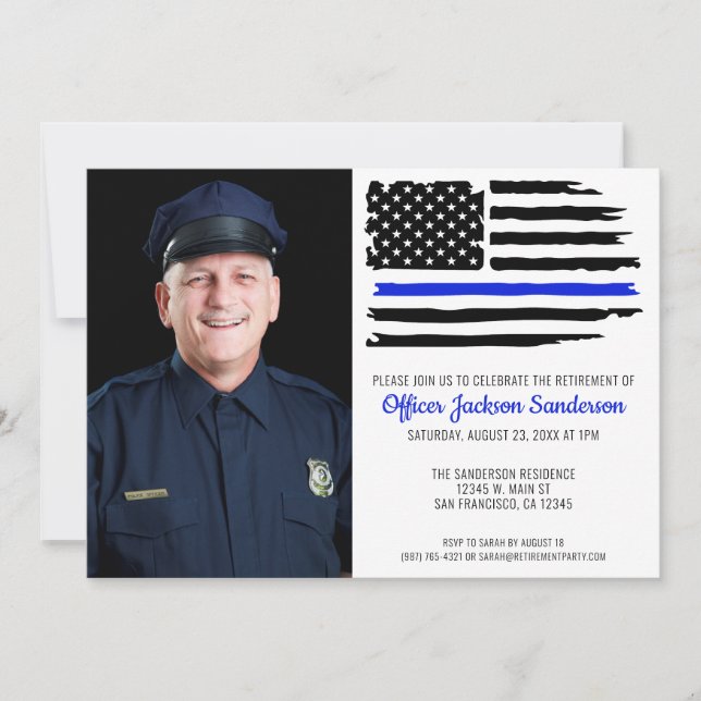 Invitation Police Retraite Party Mince ligne bleue (Devant)