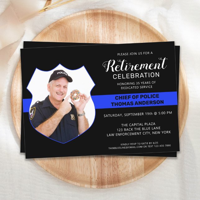 Invitation Police Retraite Party Photo Ligne Bleue Mince (Créateur téléchargé)