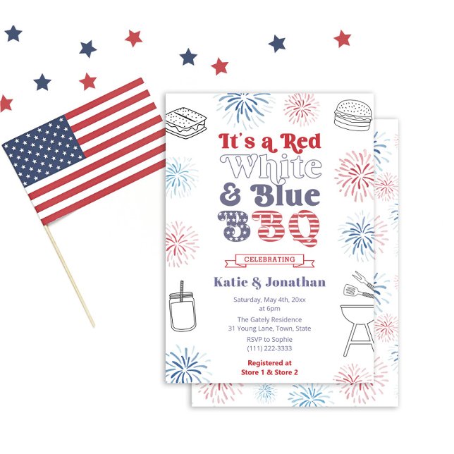 Invitation Police Rouge Blanc Et Bleu Couples BBQ Douche (Trendy retro typography Red White And Blue BBQ couples shower or engagement party invitation)