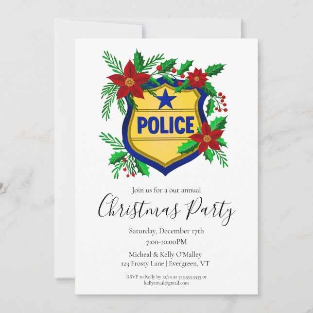 Invitation Police Shield with Poinsettia Merry Christmas  (Devant)
