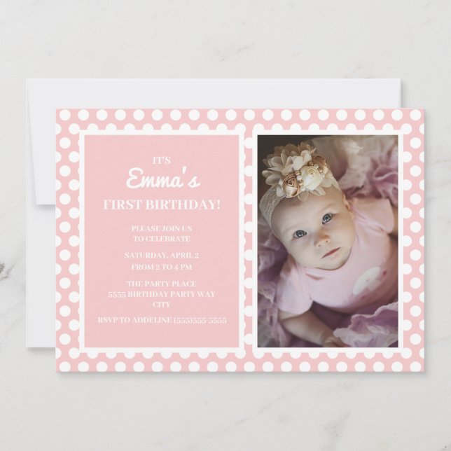 Invitation Polka blanche rose mignonne Point Petite fille 1er (Devant)