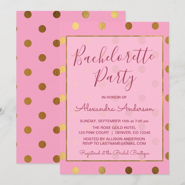 Invitation Polka Dot Bachelorette Pink et Gold Foil (Devant / Derrière)