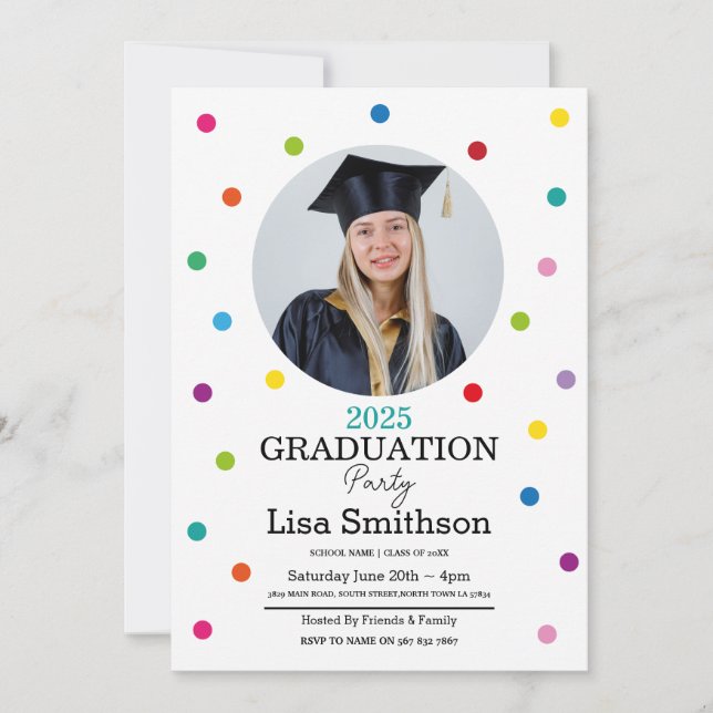 Invitation Polka Dot Graduation Confetti Colorful Party (Devant)