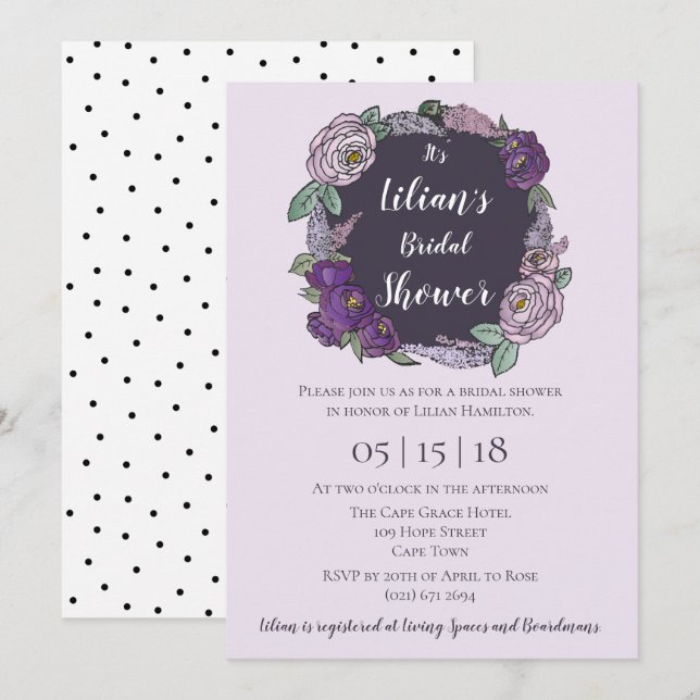 Invitation Polka Dot Lilac & Lavender Fête des mariées floral (Devant / Derrière)