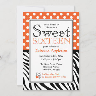 Invitation Polka Dot Orange & Zebra Sweet sixteen d'impressio