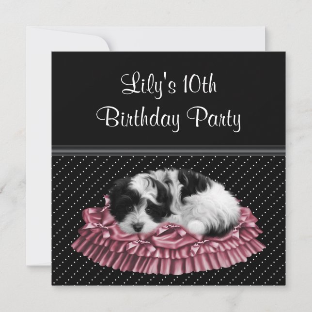 Invitation Polka Dot Puppy Girl'10ème anniversaire de la fête (Devant)