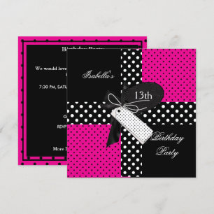 Invitation Polka Dot rose vif noir blanc 13e anniversaire