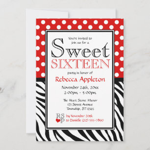 Invitation Polka Dot Rouge & Zebra Sweet sixteen d'impression