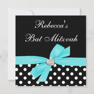 Invitation Polka Dot Turquoise Bleu Noir Bow Bat mitzvah Coeu