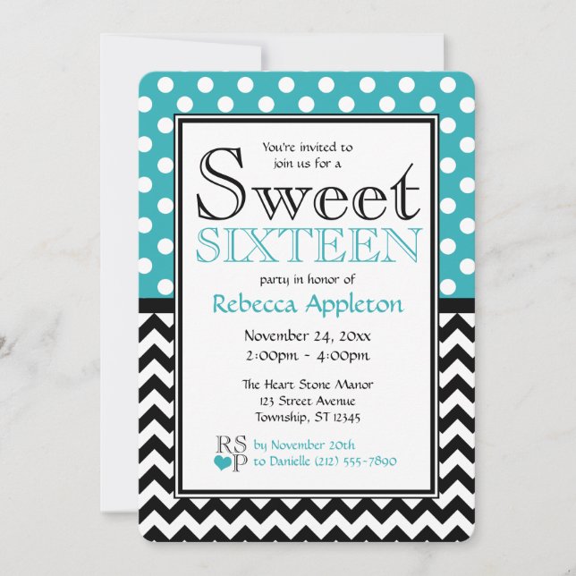 Invitation Polka Dot Turquoise & Chevron Sweet sixteen (Devant)