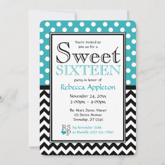 Invitation Polka Dot Turquoise & Chevron Sweet sixteen